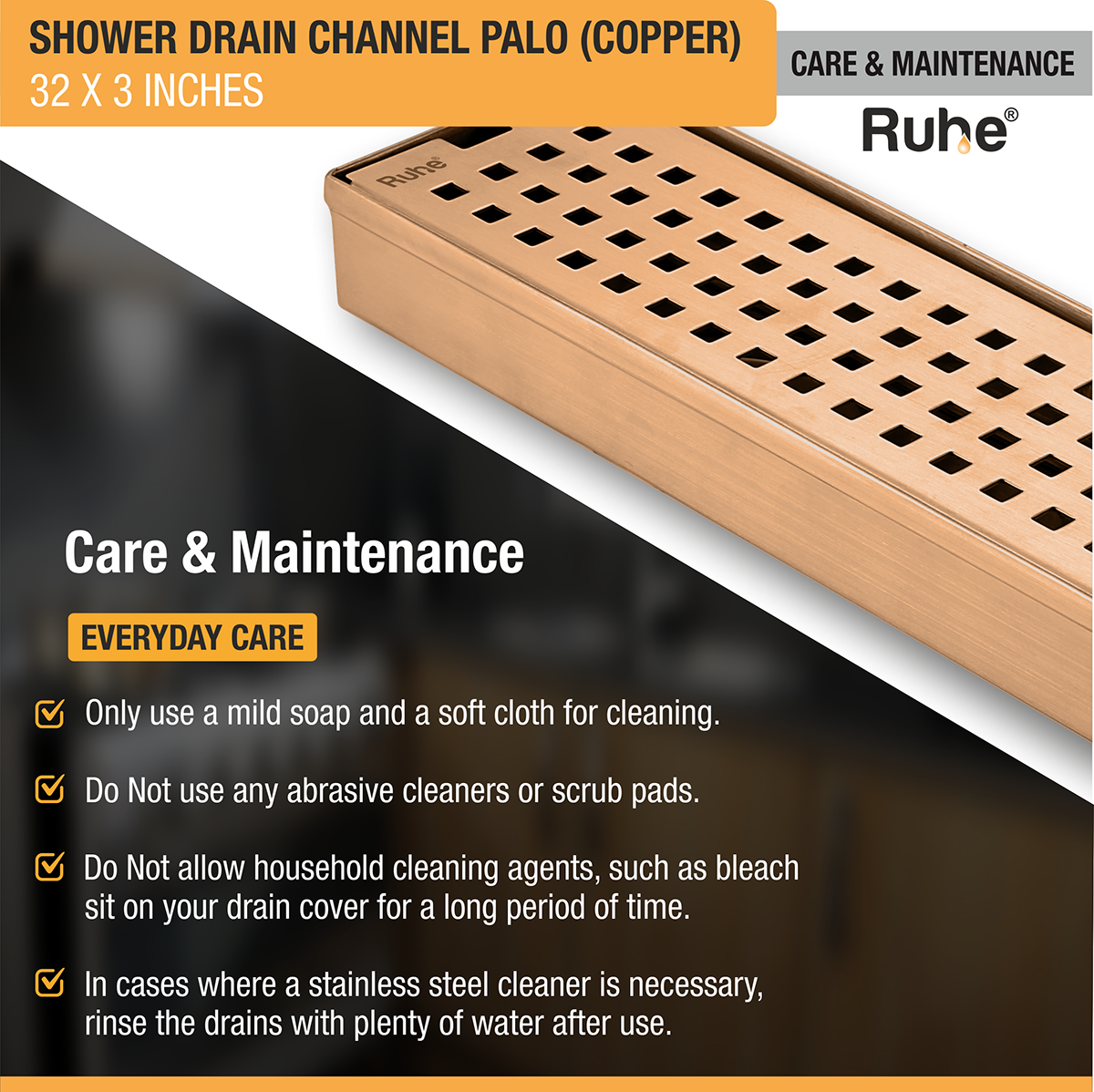 Palo Shower Drain Channel (32 x 3 Inches) ROSE GOLD PVD Coated - by Ruhe®