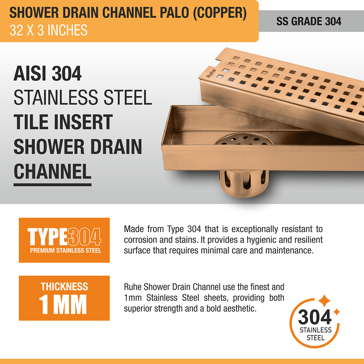 Palo Shower Drain Channel (32 x 3 Inches) ROSE GOLD PVD Coated - by Ruhe®