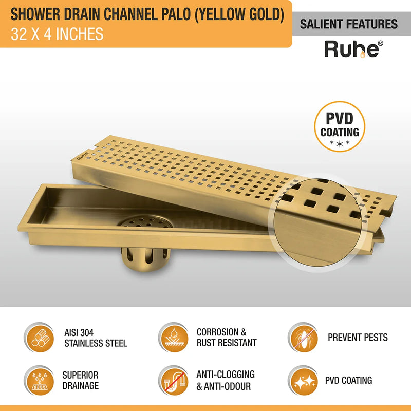Palo Shower Drain Channel (32 x 4 Inches) with YELLOW GOLD PVD Coating - by Ruhe