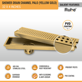 Palo Shower Drain Channel (32 x 4 Inches) YELLOW GOLD features