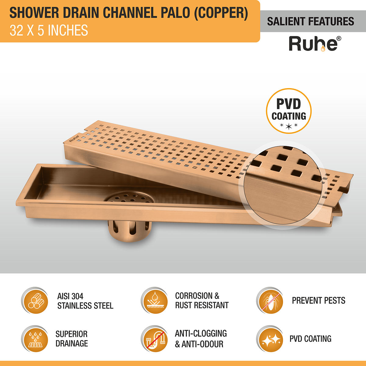 Palo Shower Drain Channel (32 x 5 Inches) ROSE GOLD PVD Coated - by Ruhe®