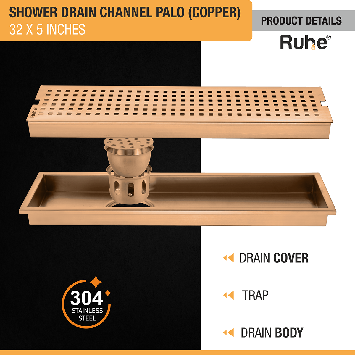 Palo Shower Drain Channel (32 x 5 Inches) ROSE GOLD PVD Coated - by Ruhe®