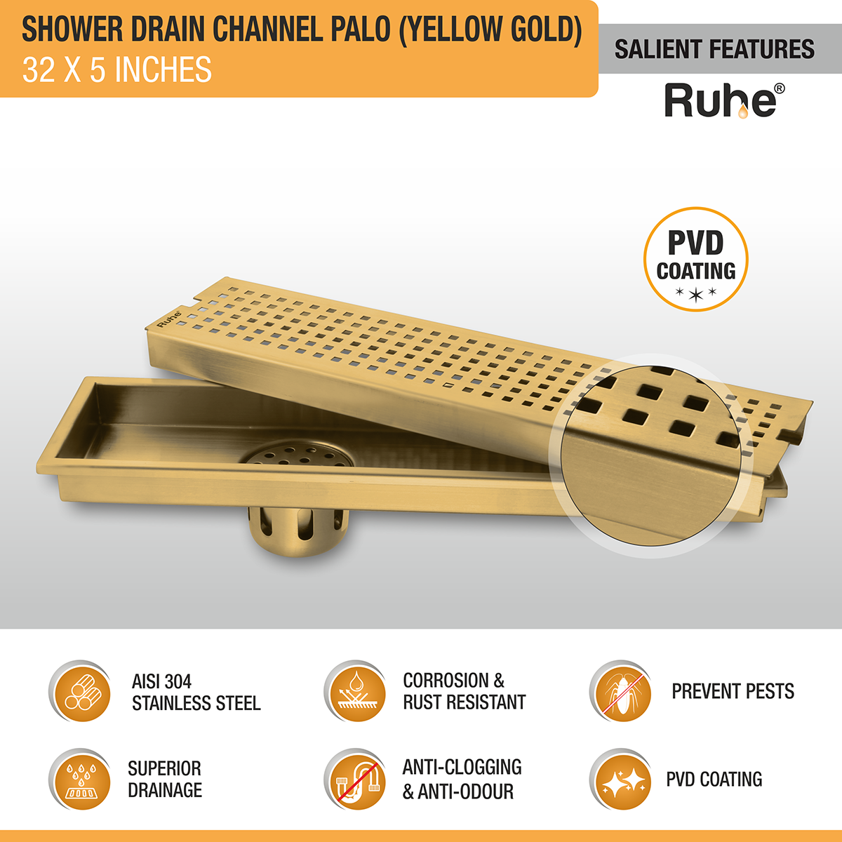 Palo Shower Drain Channel (32 x 5 Inches) with YELLOW GOLD PVD Coating - by Ruhe®