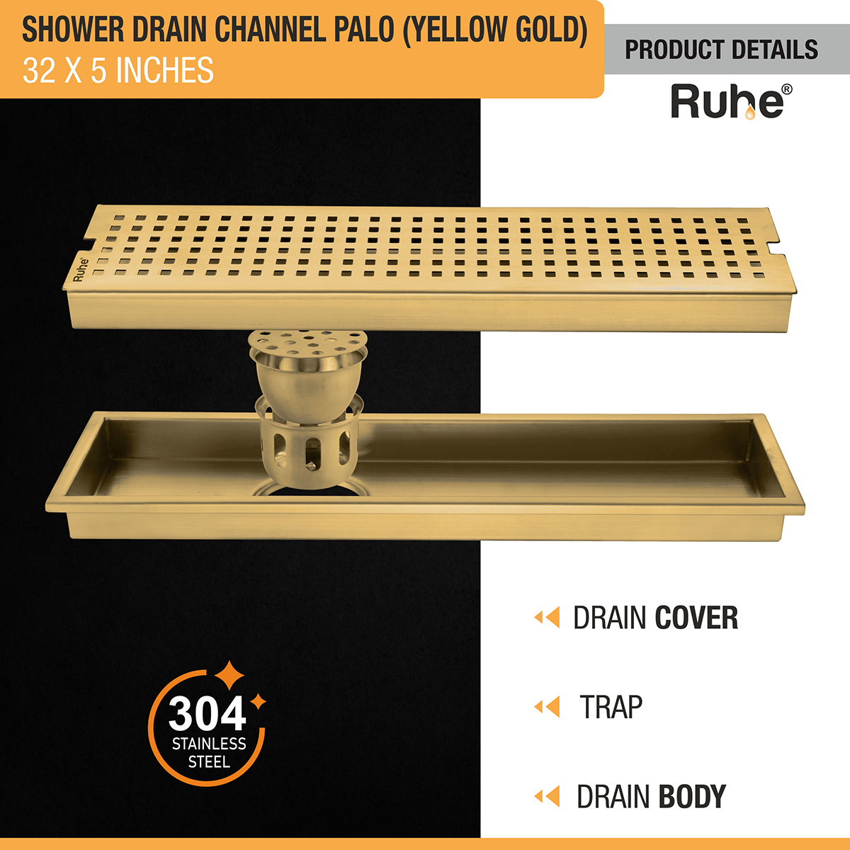 Palo Shower Drain Channel (32 x 5 Inches) with YELLOW GOLD PVD Coating - by Ruhe®