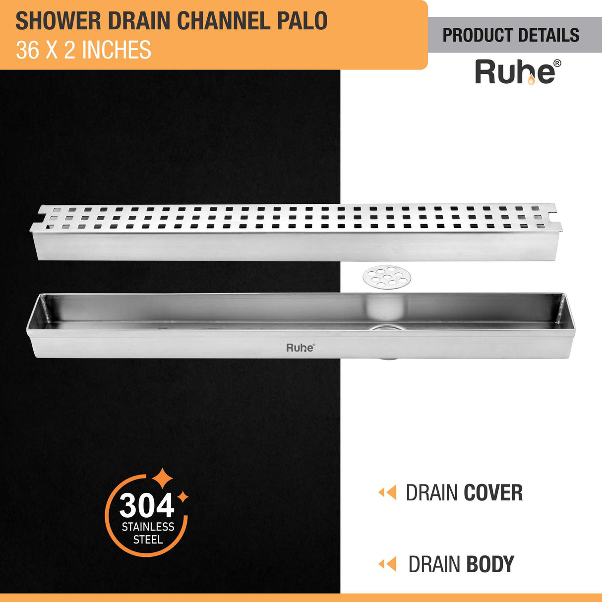 Palo Shower Drain Channel (36 X 2 Inches) (304 Grade) - by Ruhe®