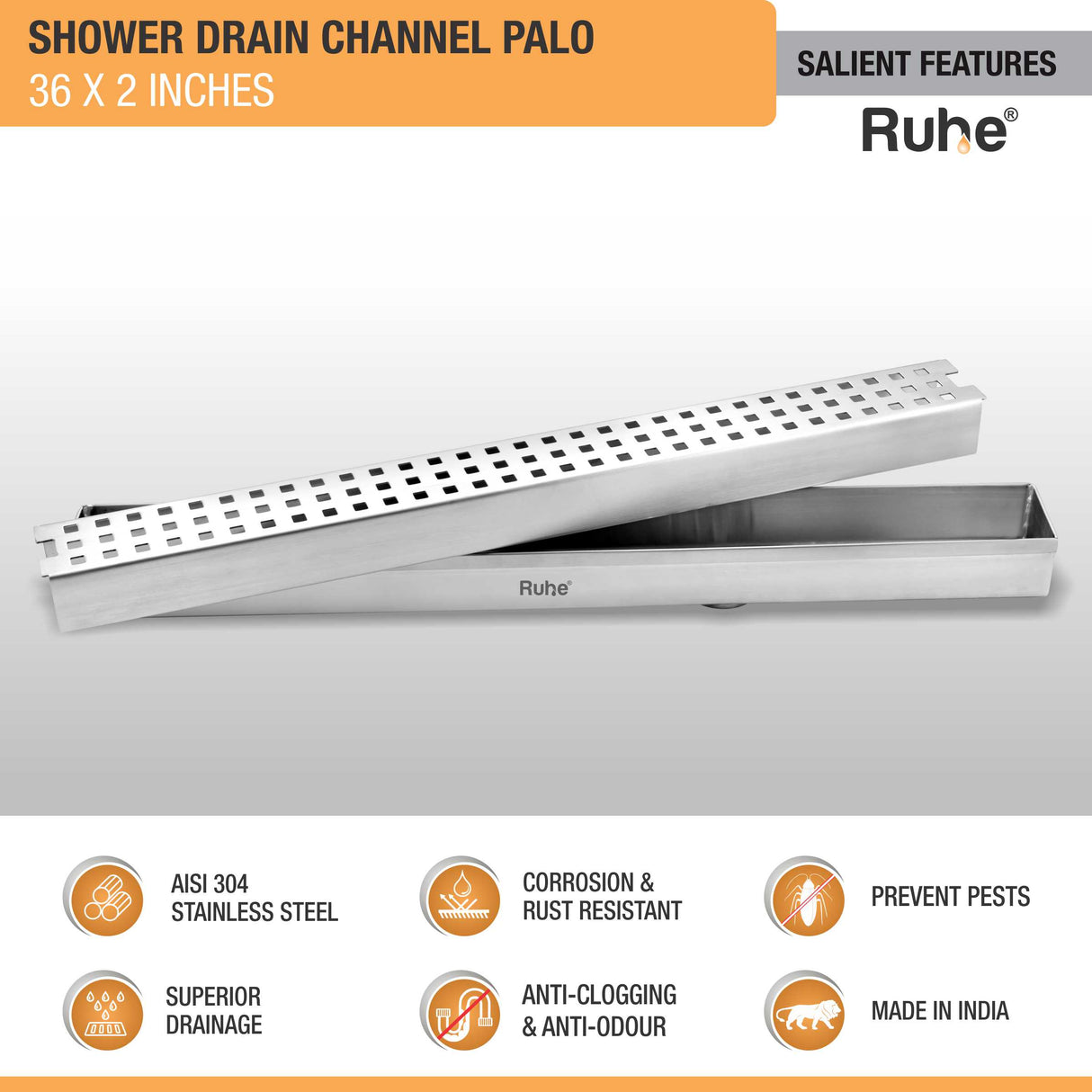 Palo Shower Drain Channel (36 X 2 Inches) (304 Grade) - by Ruhe®