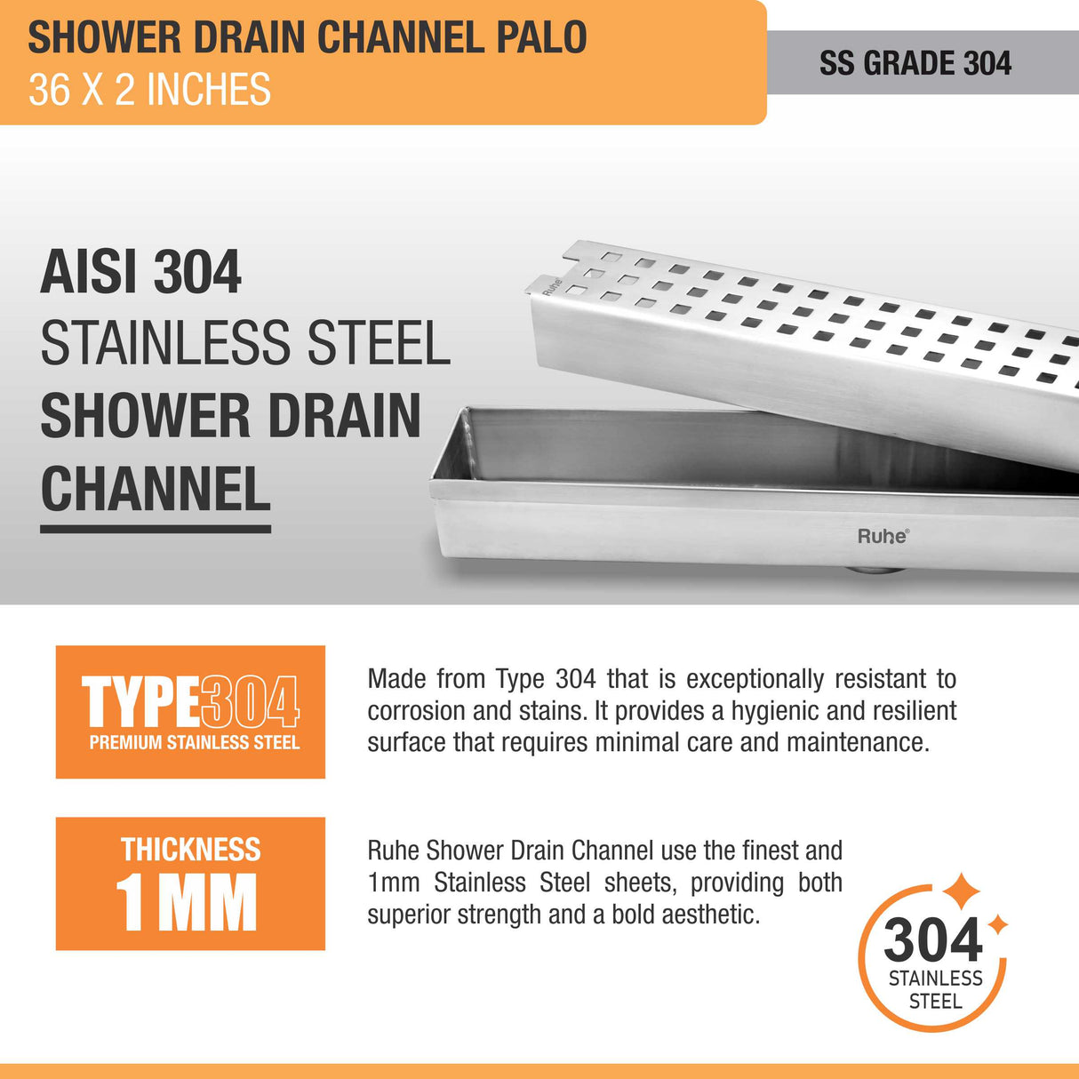 Palo Shower Drain Channel (36 X 2 Inches) (304 Grade) - by Ruhe®