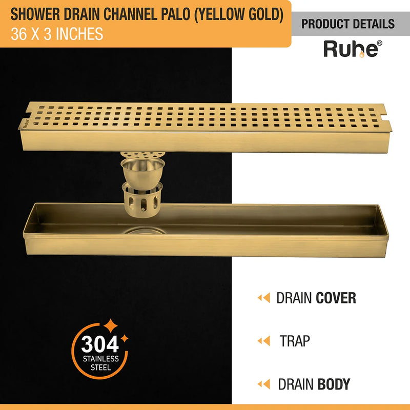 Palo Shower Drain Channel (36 x 3 Inches) with YELLOW GOLD PVD Coating - by Ruhe