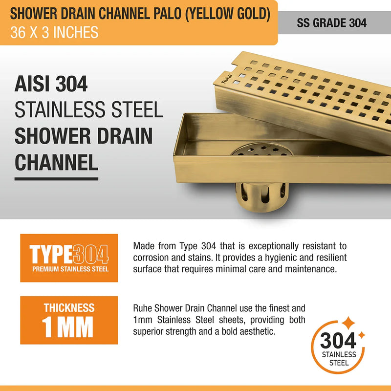 Palo Shower Drain Channel (36 x 3 Inches) with YELLOW GOLD PVD Coating - by Ruhe