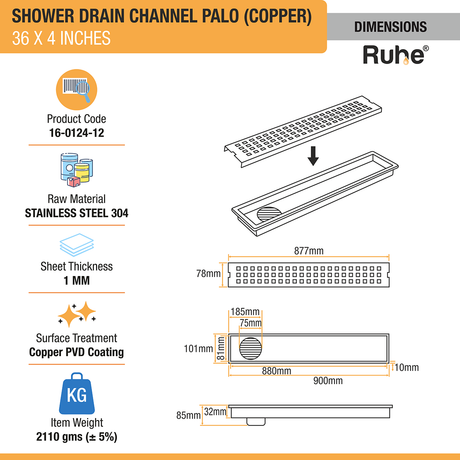 Palo Shower Drain Channel (36 x 4 Inches) ROSE GOLD/ANTIQUE COPPER dimensions and size