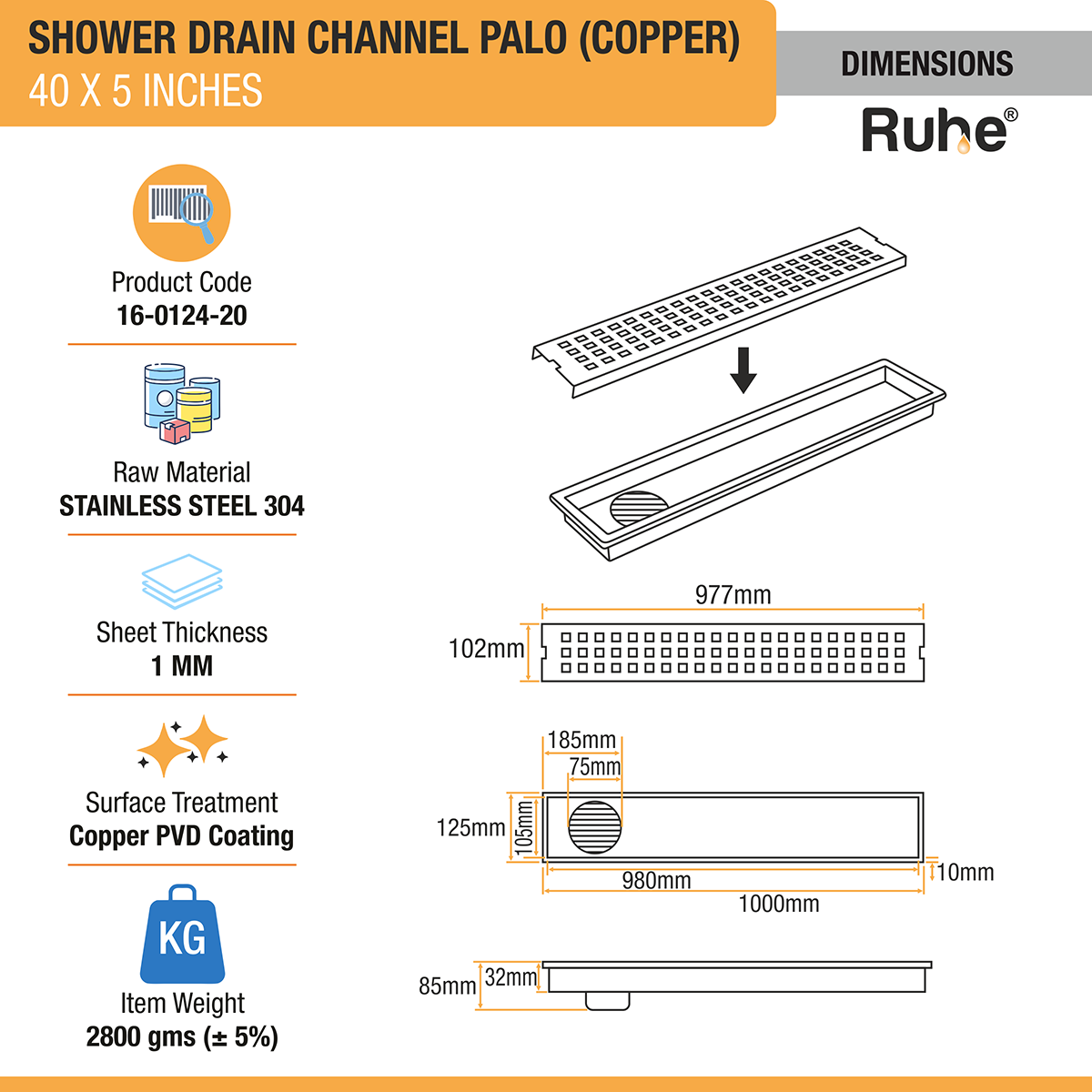 Palo Shower Drain Channel (40 x 5 Inches) ROSE GOLD/ANTIQUE COPPER dimensions and size