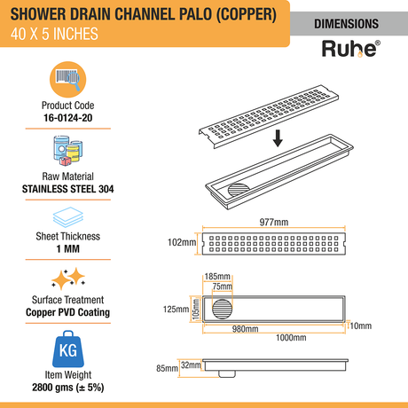 Palo Shower Drain Channel (40 x 5 Inches) ROSE GOLD/ANTIQUE COPPER dimensions and size