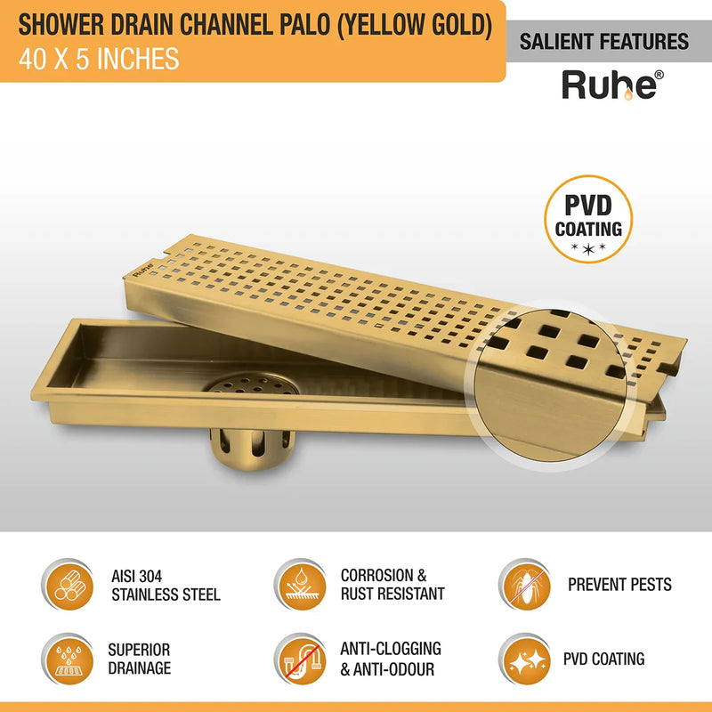 Palo Shower Drain Channel (40 x 5 Inches) with YELLOW GOLD PVD Coating - by Ruhe