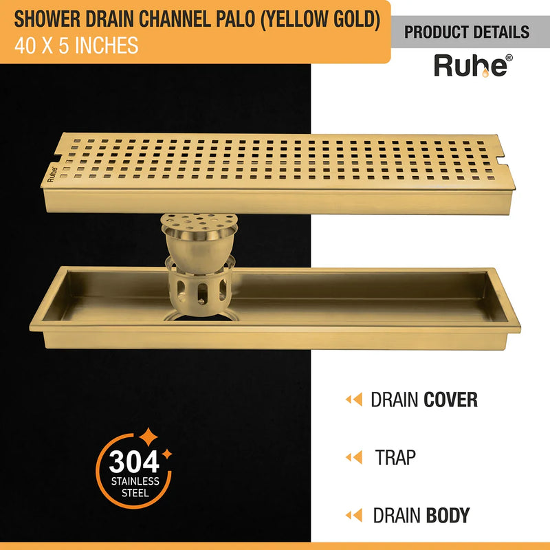 Palo Shower Drain Channel (40 x 5 Inches) with YELLOW GOLD PVD Coating - by Ruhe