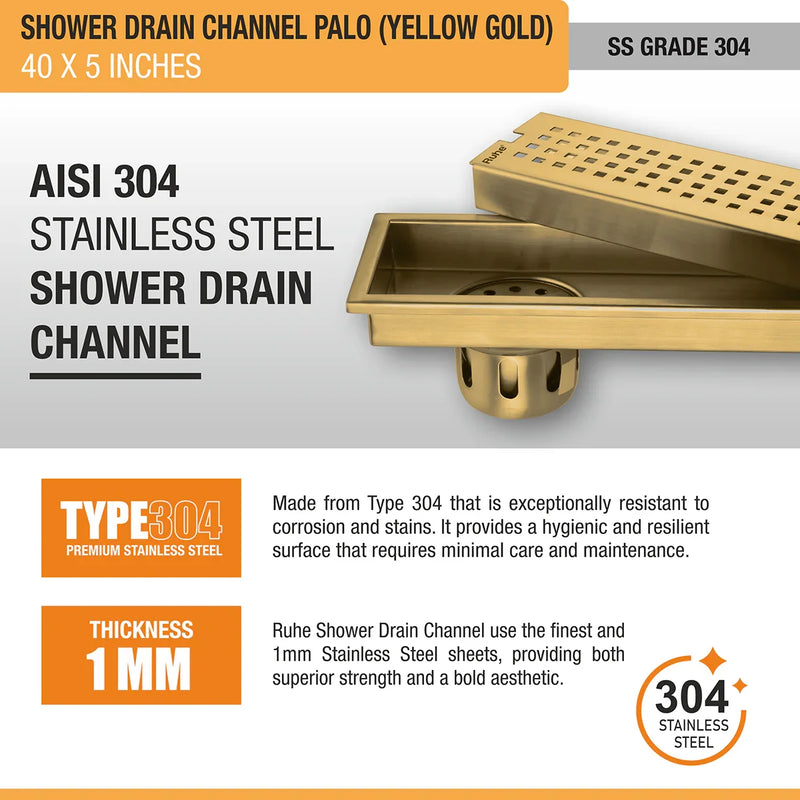 Palo Shower Drain Channel (40 x 5 Inches) with YELLOW GOLD PVD Coating - by Ruhe