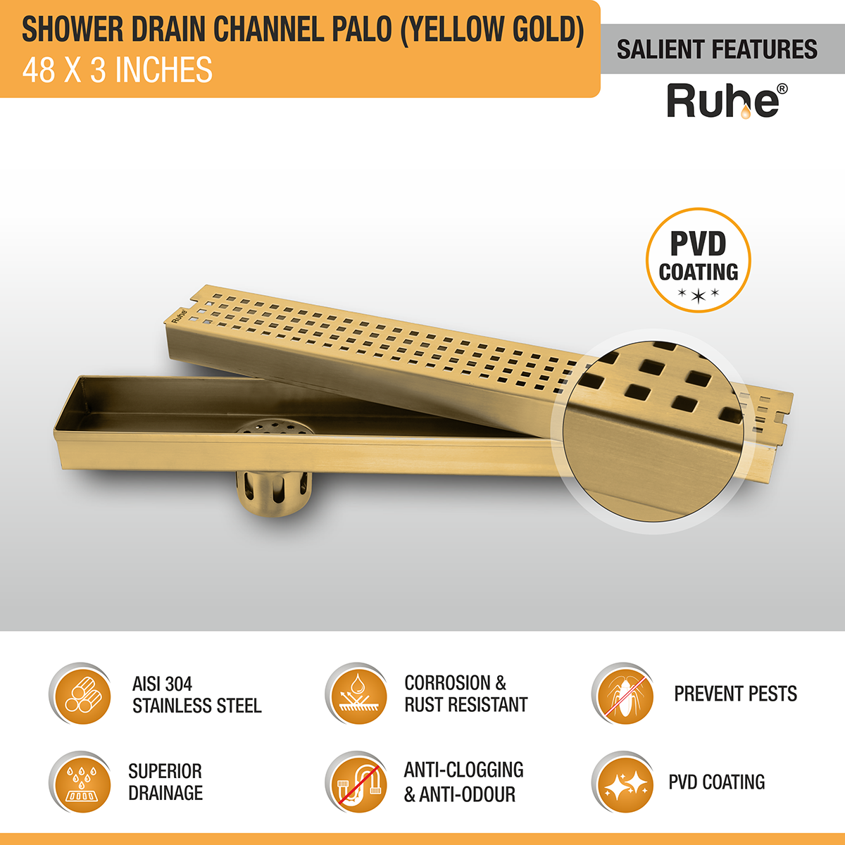 Palo Shower Drain Channel (48 x 3 Inches) with YELLOW GOLD PVD Coating - by Ruhe®