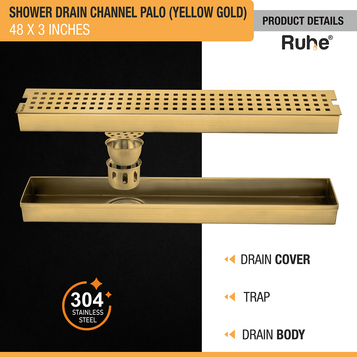 Palo Shower Drain Channel (48 x 3 Inches) with YELLOW GOLD PVD Coating - by Ruhe®