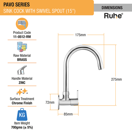 Pavo Sink Tap with Medium (15 inches) Round Swivel Spout Brass Faucet dimensions and size