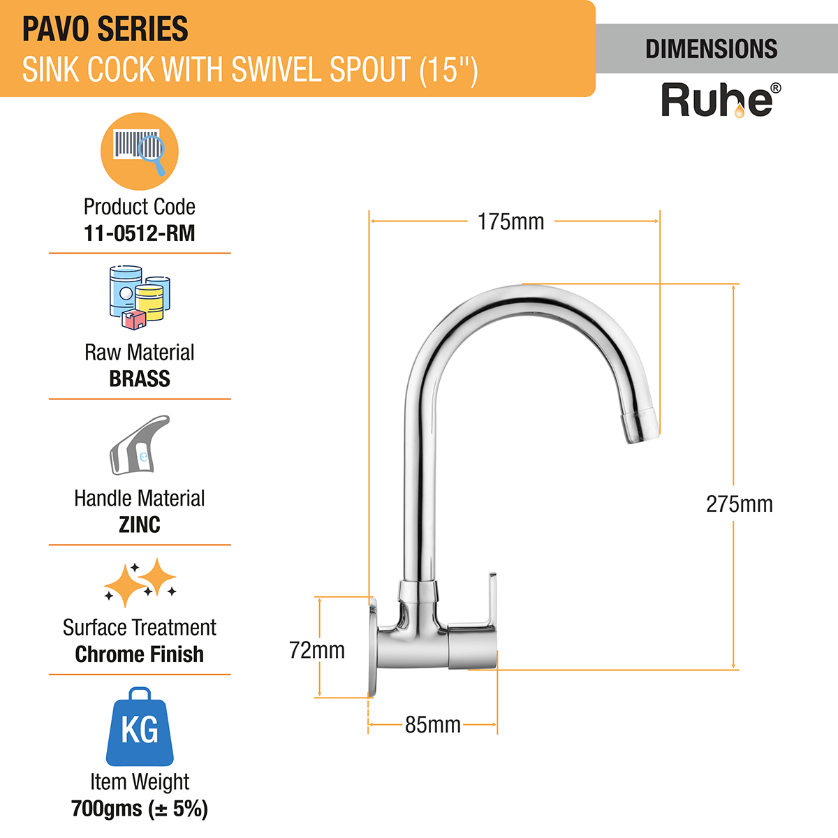 Pavo Sink Tap with Medium (15 inches) Round Swivel Spout Brass Faucet dimensions and size