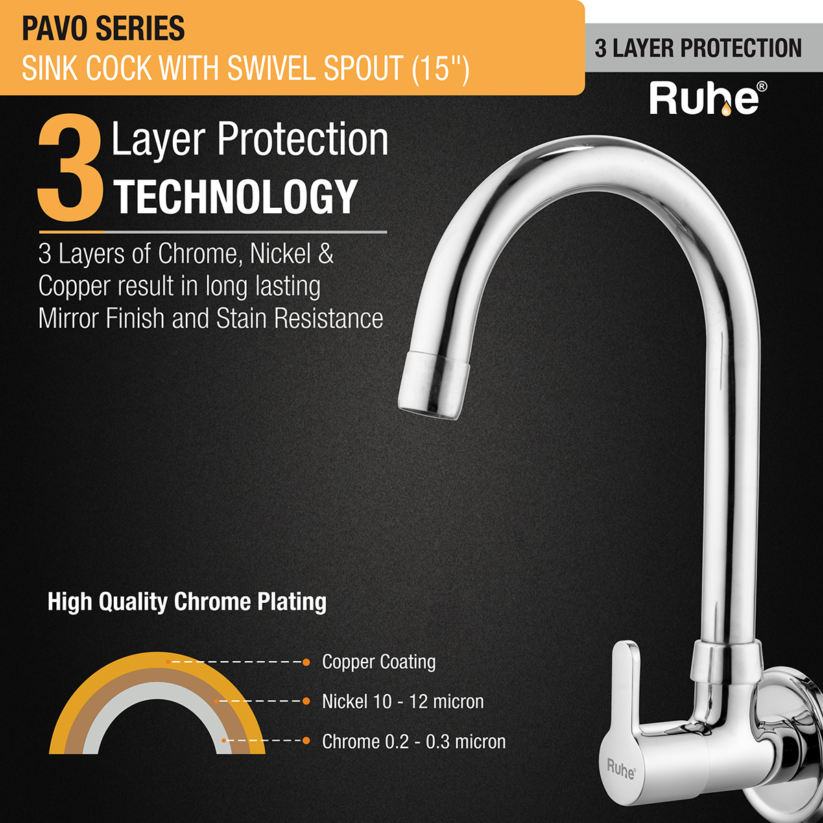 Pavo Sink Tap with Medium (15 inches) Round Swivel Spout Brass Faucet 3 layer protection