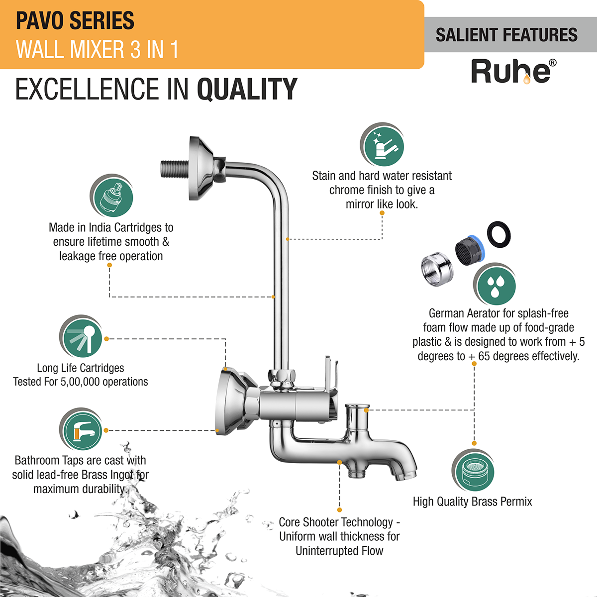 Pavo Wall Mixer 3-in-1 Brass Faucet features