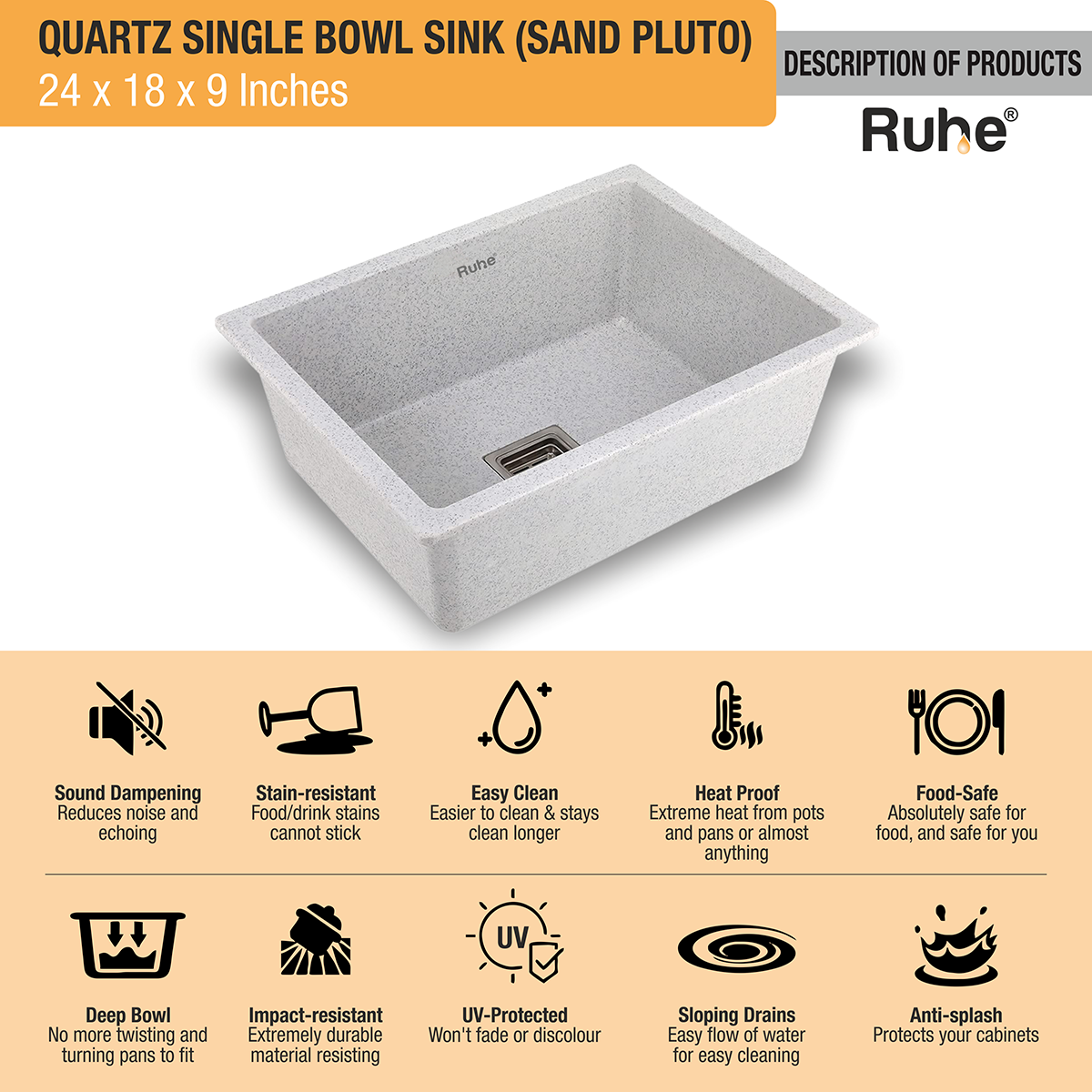 Quartz Sand Pluto Single Bowl Kitchen Sink (24 x 18 x 9 inches) description of products