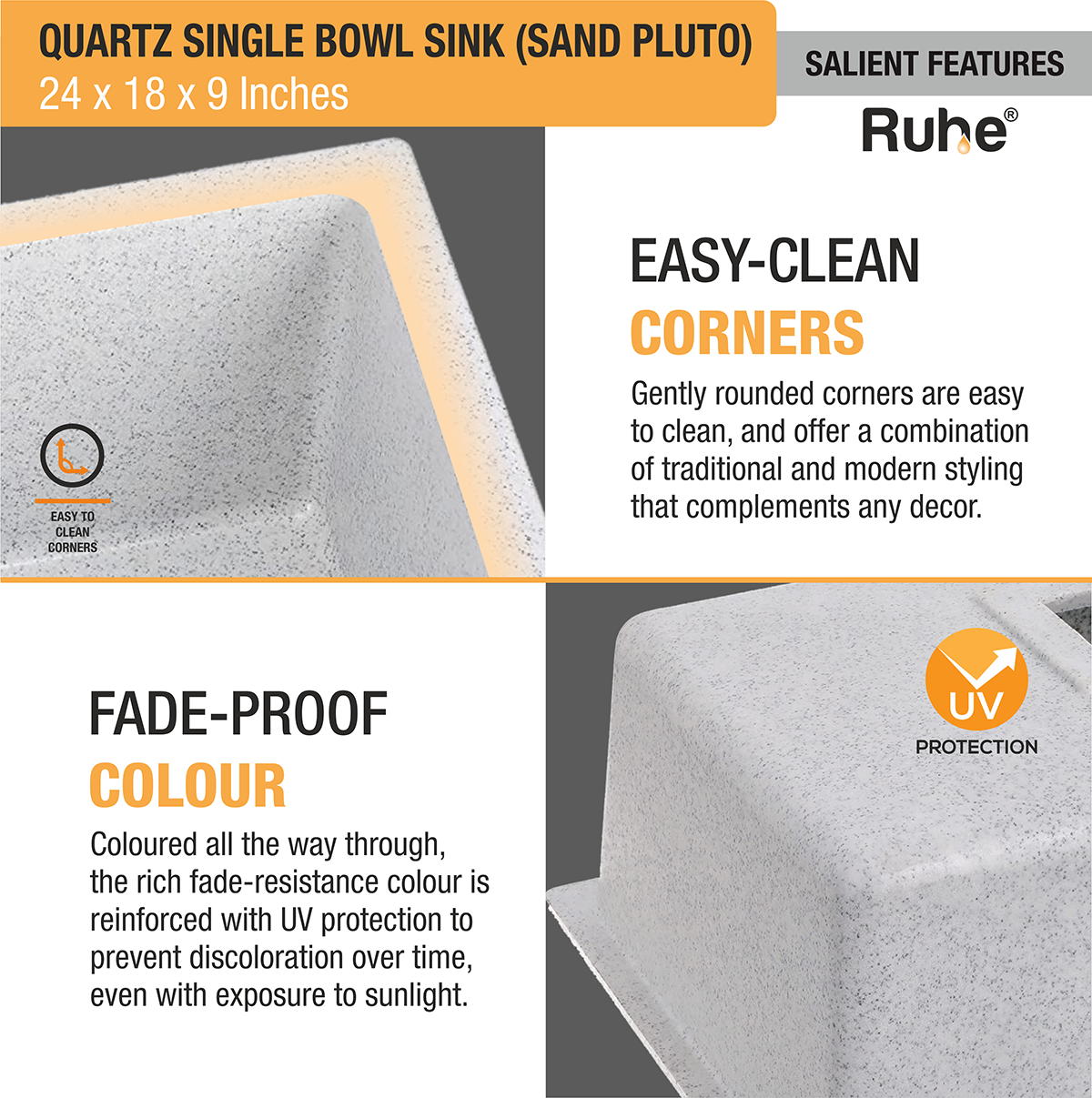Quartz Sand Pluto Single Bowl Kitchen Sink (24 x 18 x 9 inches) features