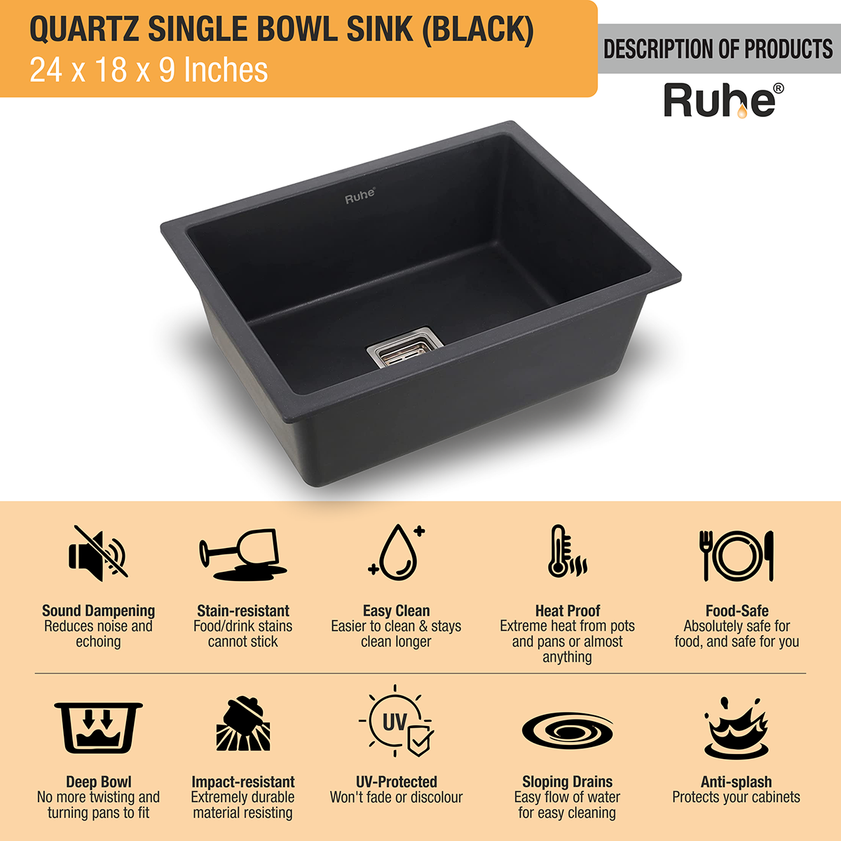 Quartz Black Single Bowl Kitchen Sink (24 x 18 x 9 inches) description of products