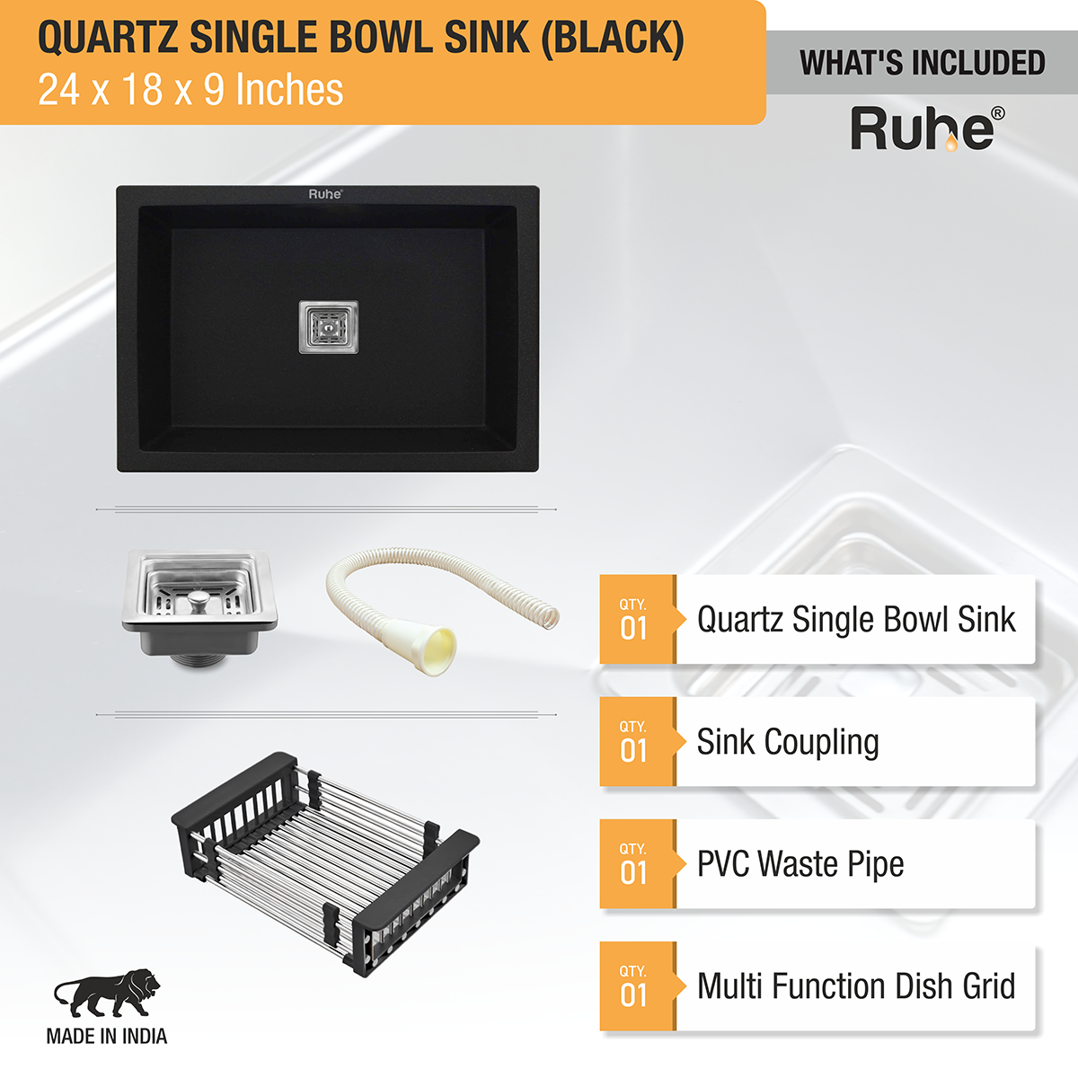 Quartz Black Single Bowl Kitchen Sink (24 x 18 x 9 inches) with accessories