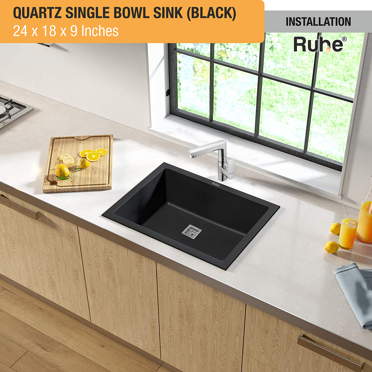 Quartz Black Single Bowl Kitchen Sink (24 x 18 x 9 inches) installed