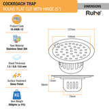 Round Flat Cut Floor Drain (5 Inches) with Hinge & Cockroach Trap (304 Grade) dimensions and size