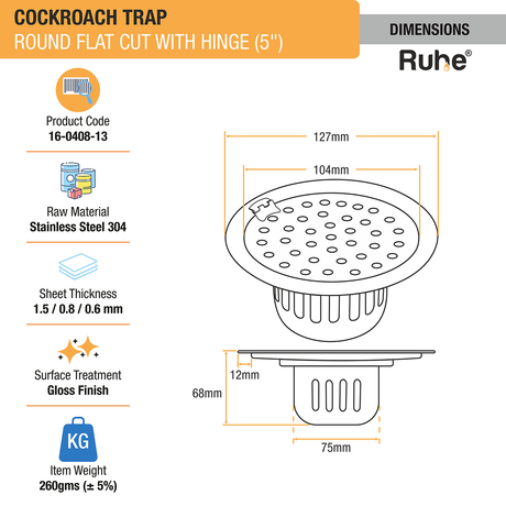 Round Flat Cut Floor Drain (5 Inches) with Hinge & Cockroach Trap (304 Grade) dimensions and size