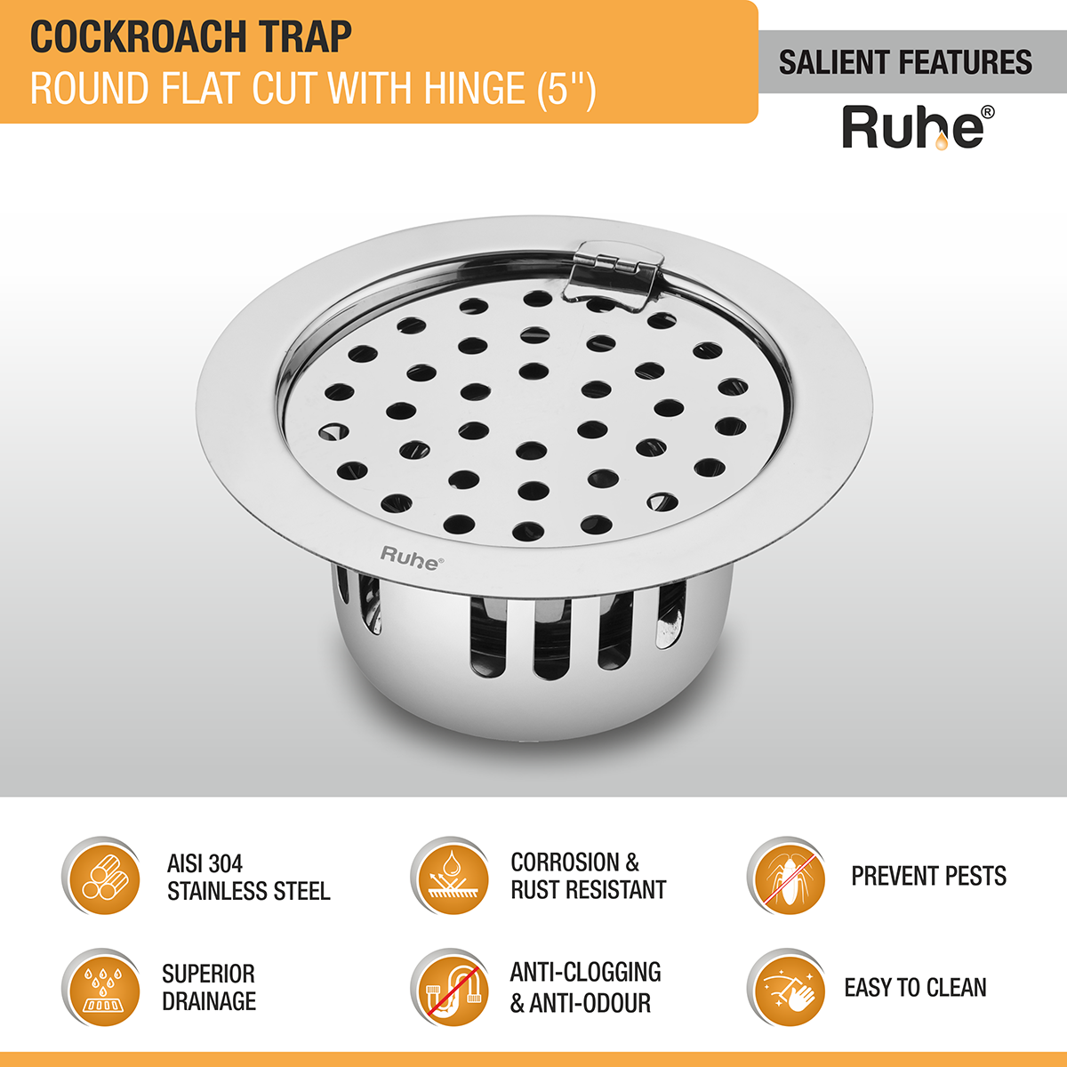 Round Flat Cut 304-Grade Floor Drain with Hinge & Cockroach Trap (5 Inches) -  by Ruhe