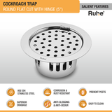 Round Flat Cut Floor Drain (5 Inches) with Hinge & Cockroach Trap (304 Grade) features