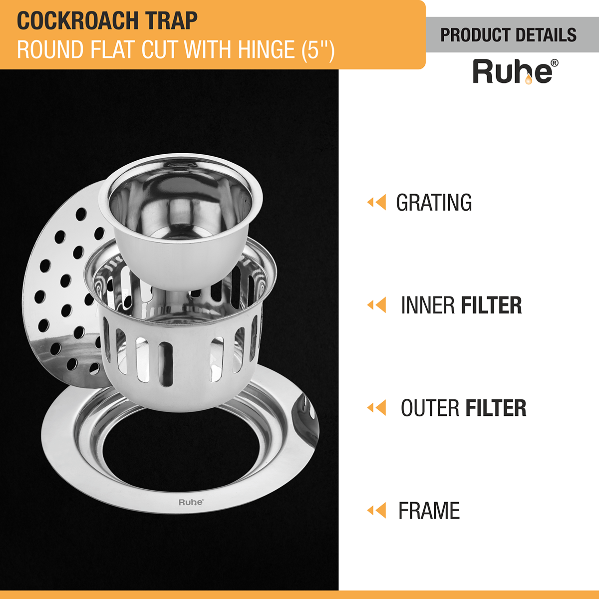 Round Flat Cut 304-Grade Floor Drain with Hinge & Cockroach Trap (5 Inches) -  by Ruhe