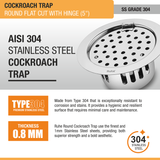 Round Flat Cut Floor Drain (5 Inches) with Hinge & Cockroach Trap (304 Grade) stainless steel