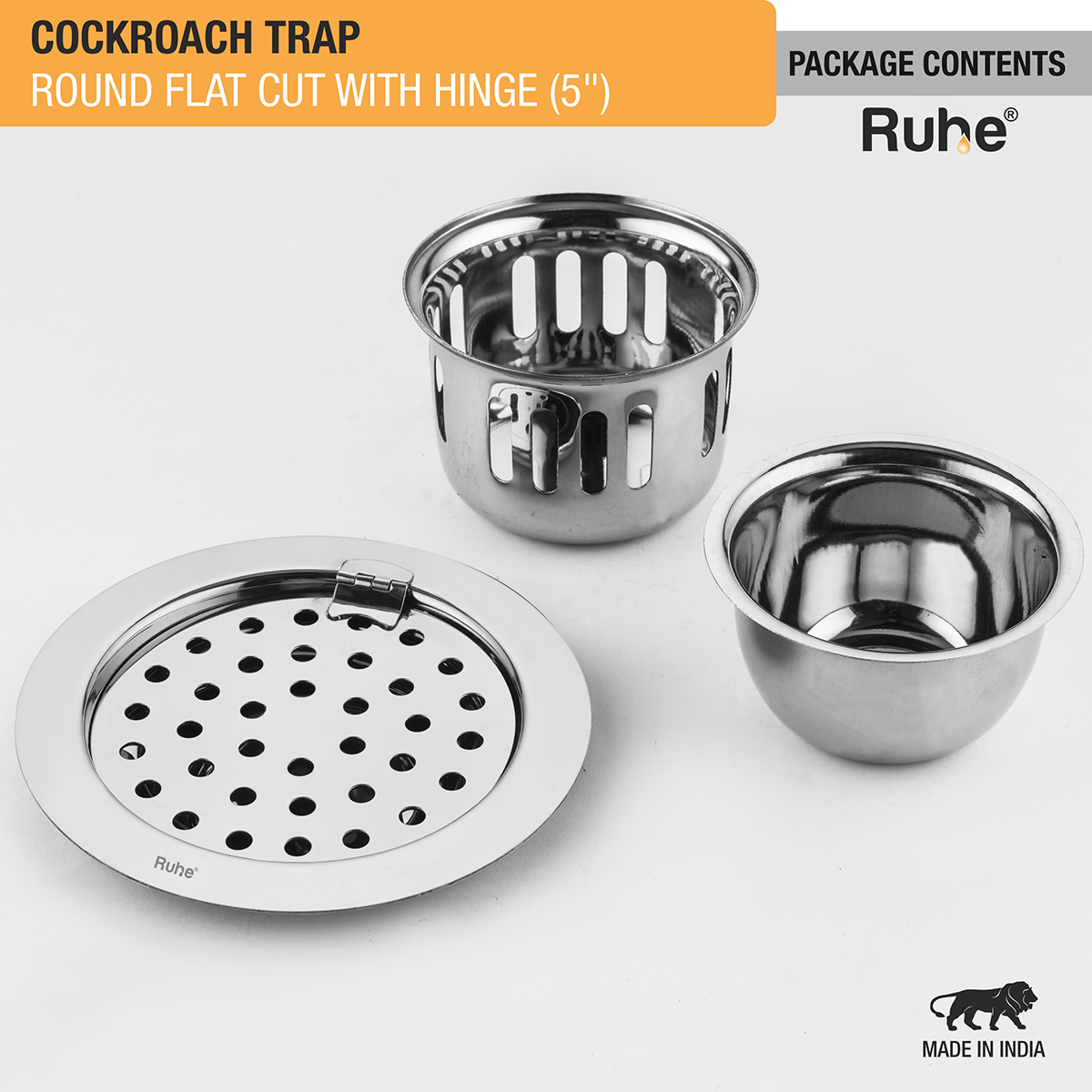 Round Flat Cut 304-Grade Floor Drain with Hinge & Cockroach Trap (5 Inches) -  by Ruhe