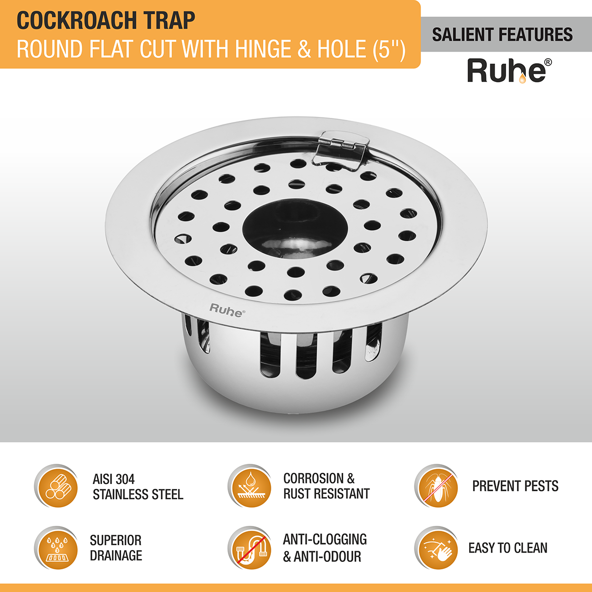 Round Flat Cut 304-Grade Floor Drain with Hinge, Hole & Cockroach Trap (5 Inches) -  by Ruhe