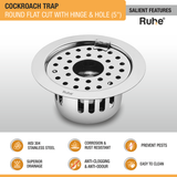 Round Flat Cut Floor Drain (5 Inches) with Hinge, Hole & Cockroach Trap (304 Grade) features