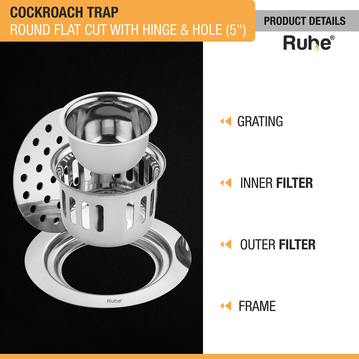 Round Flat Cut 304-Grade Floor Drain with Hinge, Hole & Cockroach Trap (5 Inches) -  by Ruhe