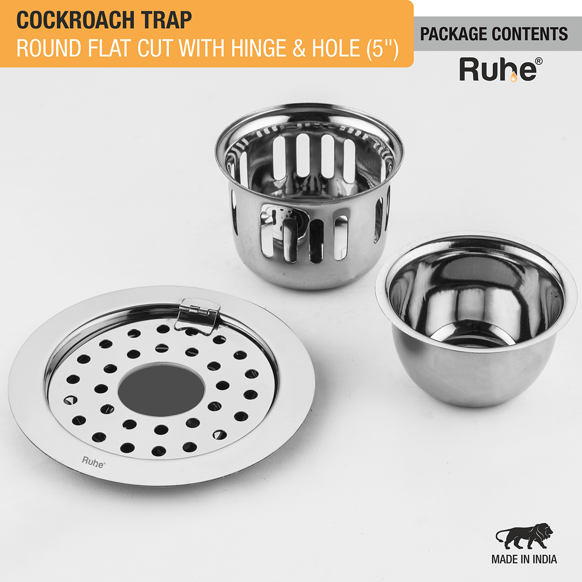 Round Flat Cut 304-Grade Floor Drain with Hinge, Hole & Cockroach Trap (5 Inches) -  by Ruhe