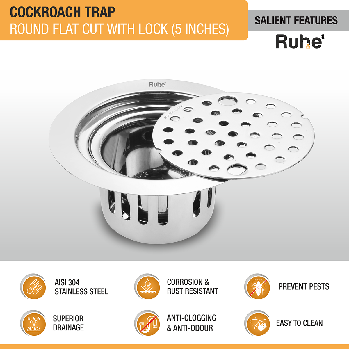 Round Flat Cut 304-Grade Floor Drain with Lock & Cockroach Trap (5 Inches) - by Ruhe