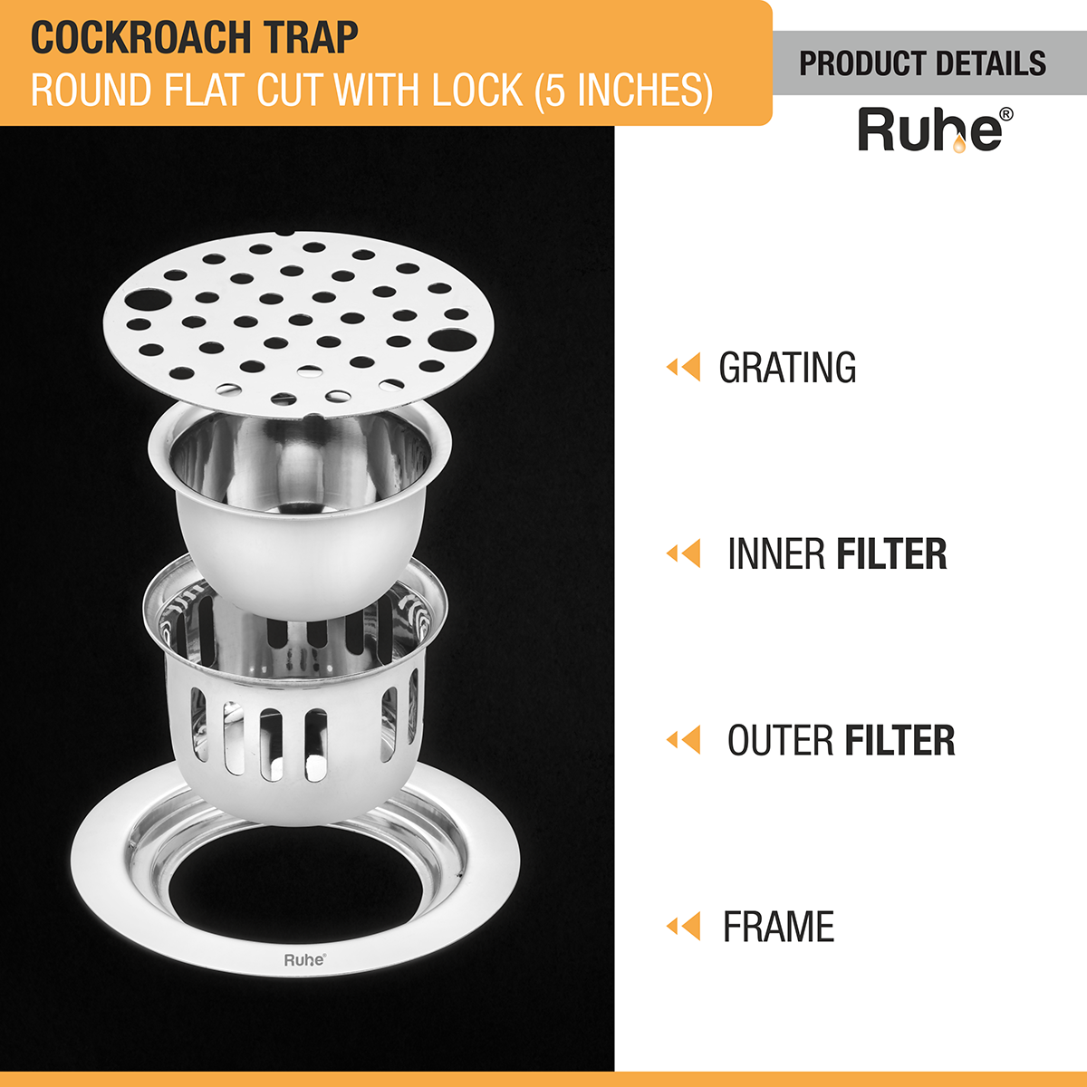 Round Flat Cut 304-Grade Floor Drain with Lock & Cockroach Trap (5 Inches) - by Ruhe