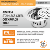 Round Flat Cut Floor Drain (5 Inches) with Lock and Cockroach Trap (304 Grade) stainless steel