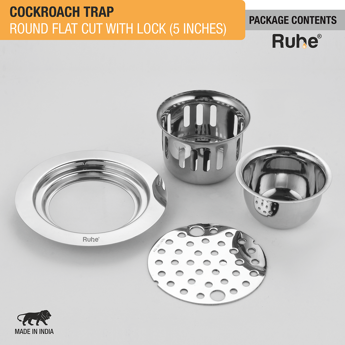 Round Flat Cut 304-Grade Floor Drain with Lock & Cockroach Trap (5 Inches) - by Ruhe