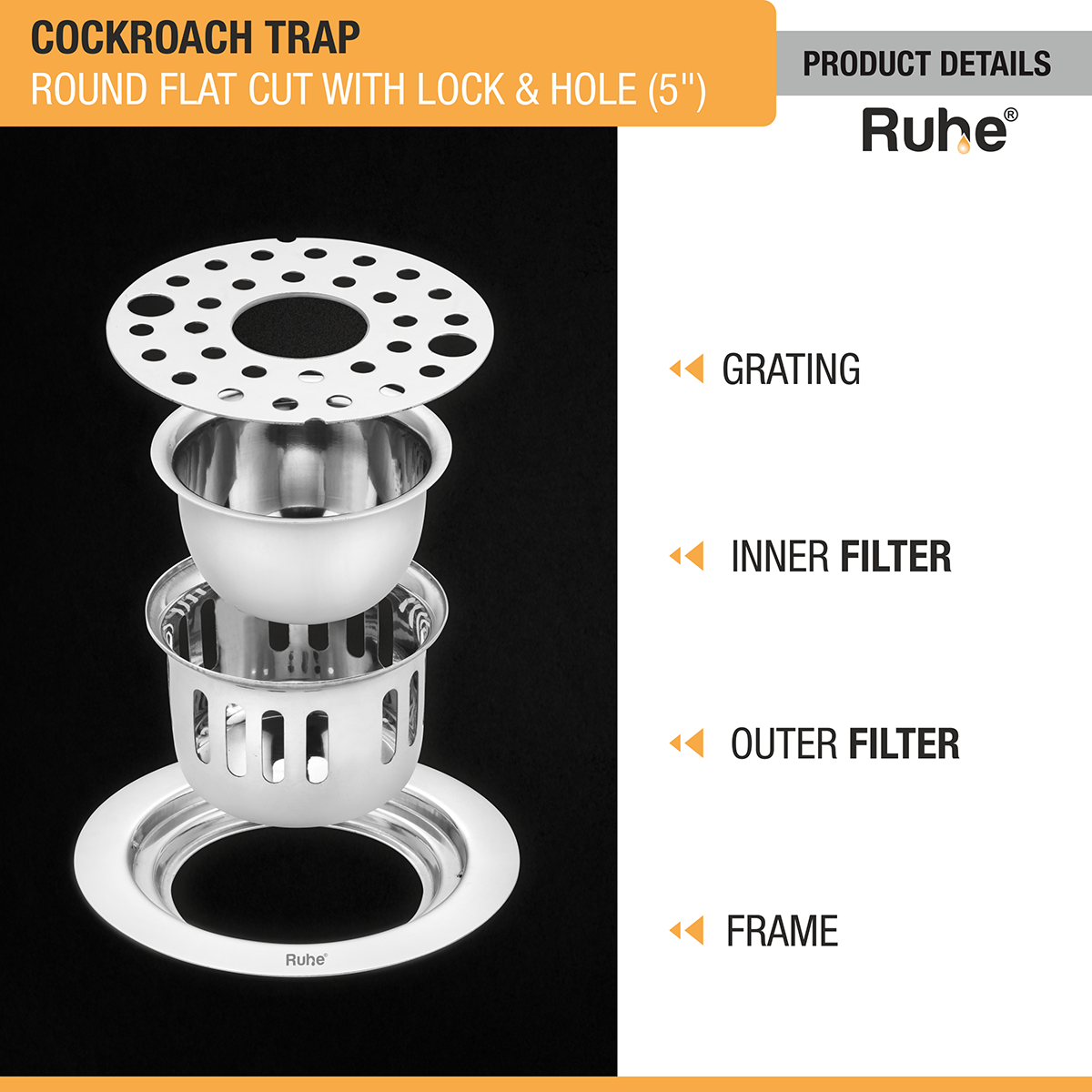 Round Flat Cut 304-Grade Floor Drain with Lock, Hole & Cockroach Trap (5 Inches) - by Ruhe