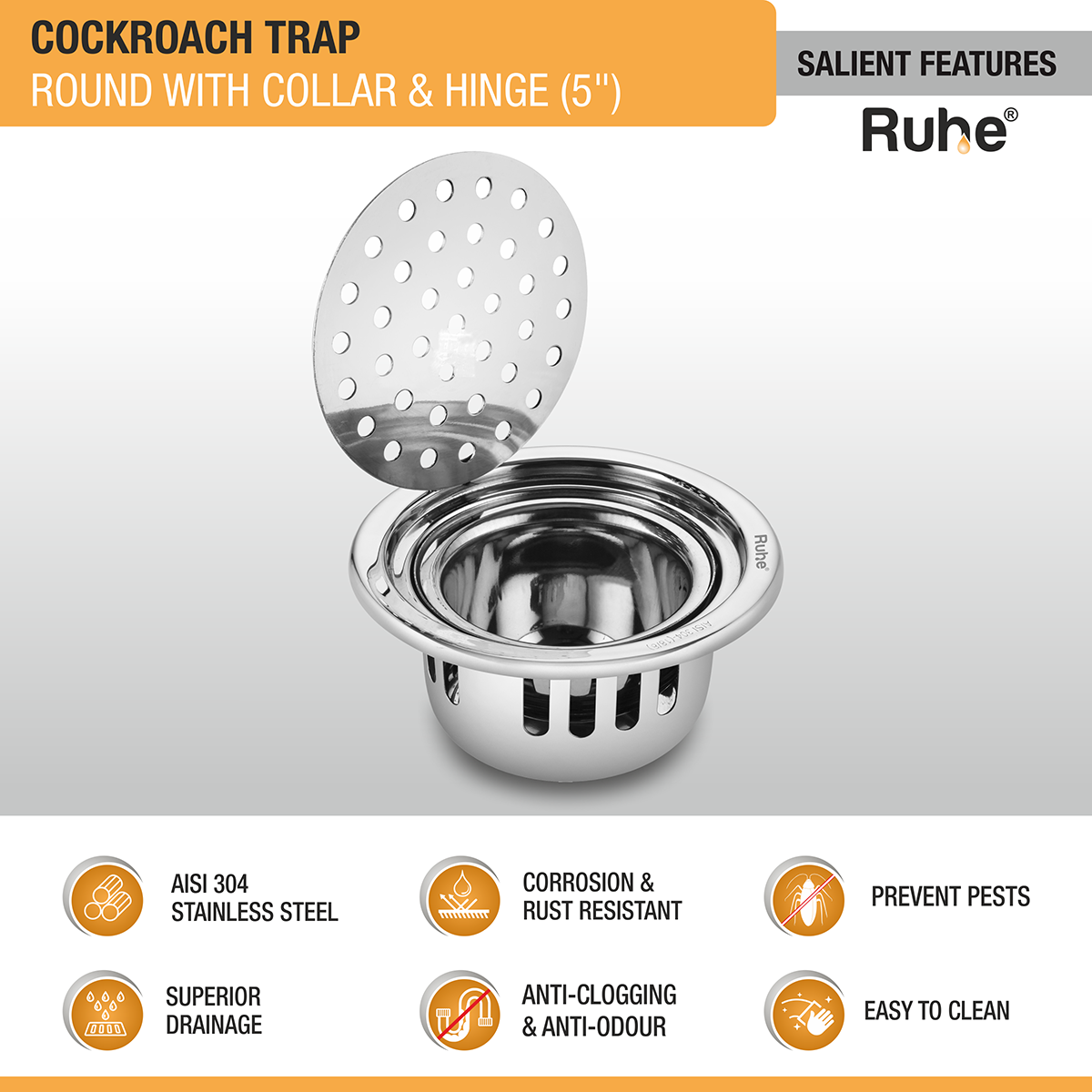 Round 304-Grade Floor Drain with Collar, Hinge & Cockroach Trap (5 Inches) -  by Ruhe