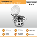 Round Floor Drain (5 Inches) with Hinge & Cockroach Trap (304 Grade) features
