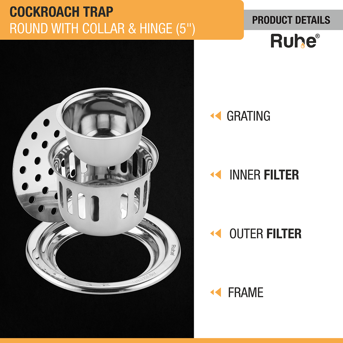 Round 304-Grade Floor Drain with Collar, Hinge & Cockroach Trap (5 Inches) -  by Ruhe