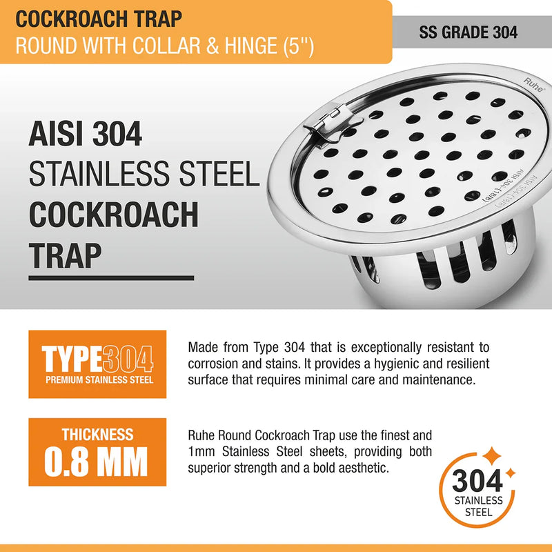 Round 304-Grade Floor Drain with Collar, Hinge & Cockroach Trap (5 Inches) - by Ruhe